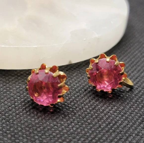 Vintage Pink Rhinestone Screwback Earrings Gold Tone - Picture 11 of 14